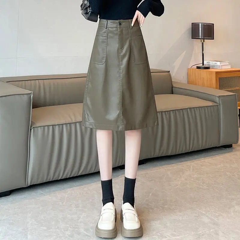

Simplicity Office Lady Autumn Winter New Women Solid Zipper Pockets Korean Fashion High Waist Short Slim A-line PU Leather Skirt