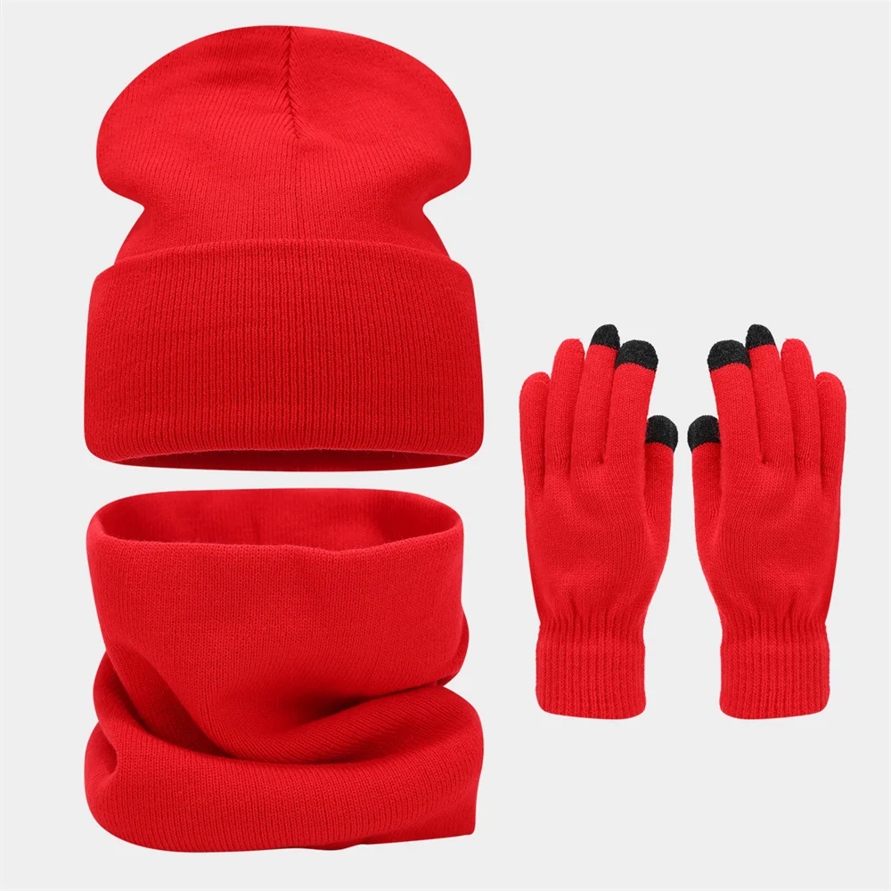 New Fashion Adult Winter Outfit Solid-color Beanie Hat Scarf And Gloves Sets Outdoor Warm Knitted Hat Set