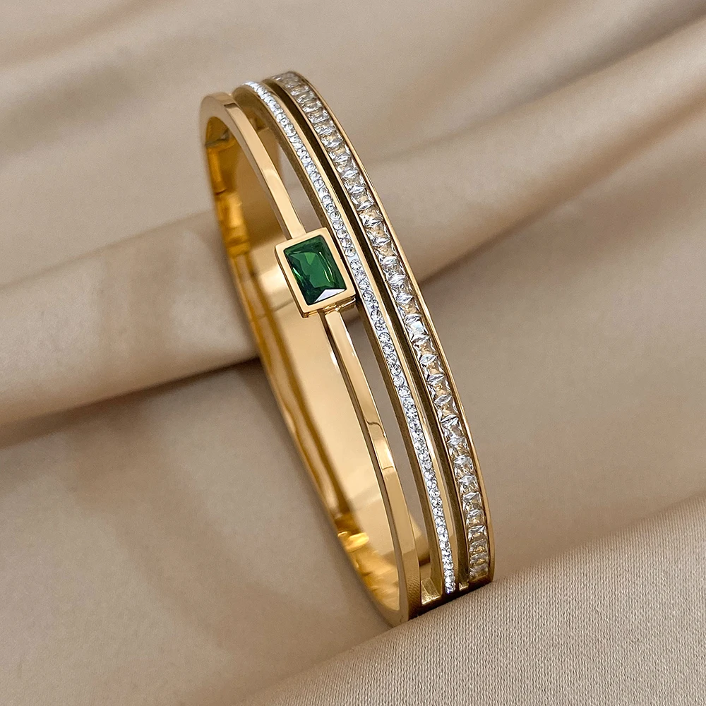 Trendige vergoldete Edelstahl-Manschettenarmreifen für Frauen, schickes, geschichtetes Strass-Armband, Partyschmuck