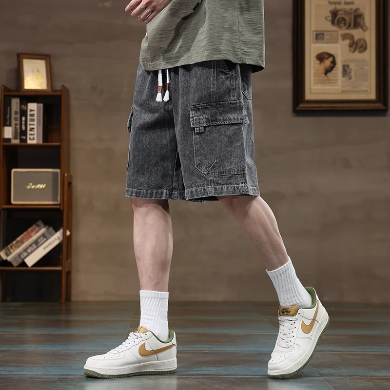 American retro jeans men's summer thin cut trendy brand five quarter pants loose straight leg trendy sports and casual mid lengt