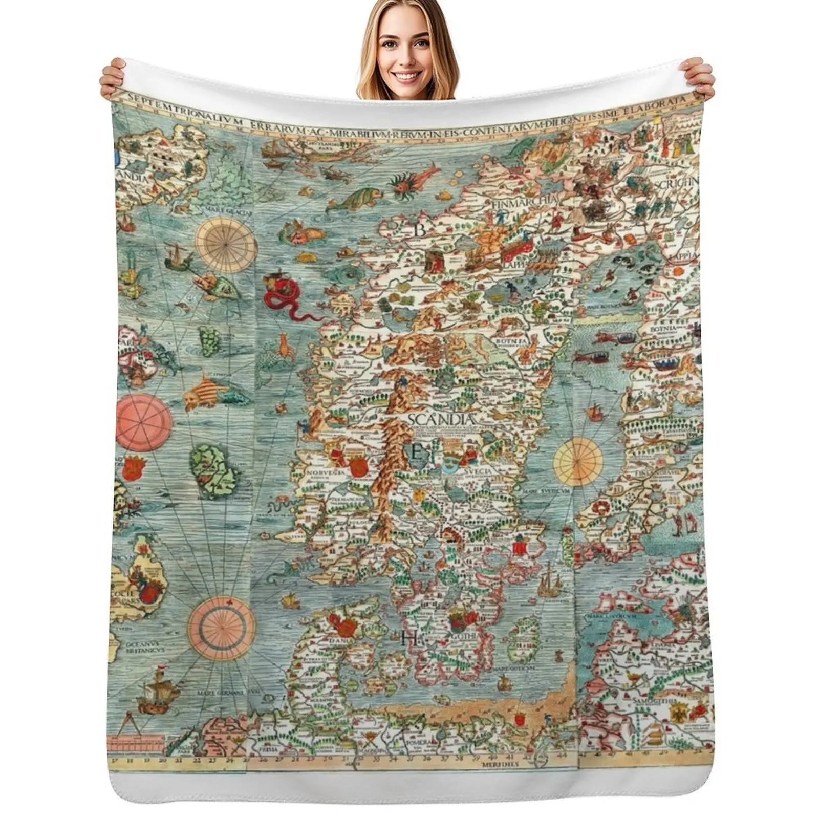 

Carta Marina, map of Scandinavia by Olaus Magnus - 1539 Throw Blanket Beautifuls Quilt for sofa Furry Blankets