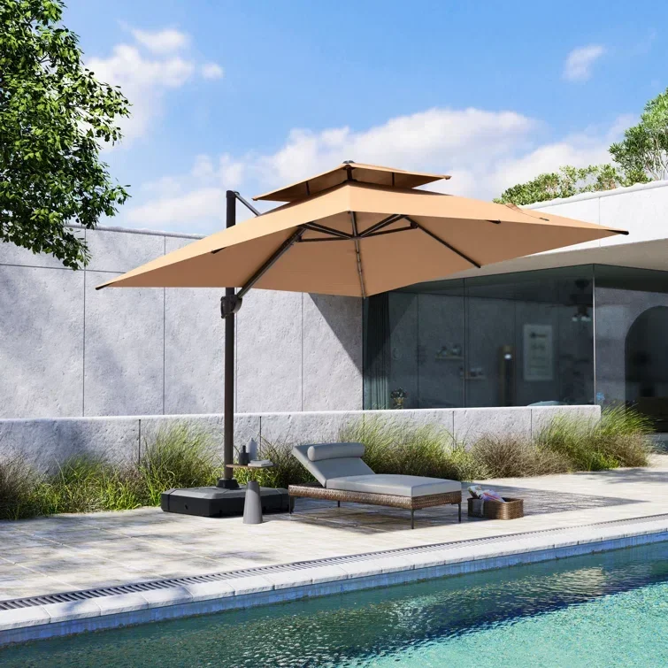 2026 2026 Garden Double Top Outdoor Furniture Roma Parasol Patio Umbrella Sun Shade with LED Marble Resin Base Metal Carton Pack