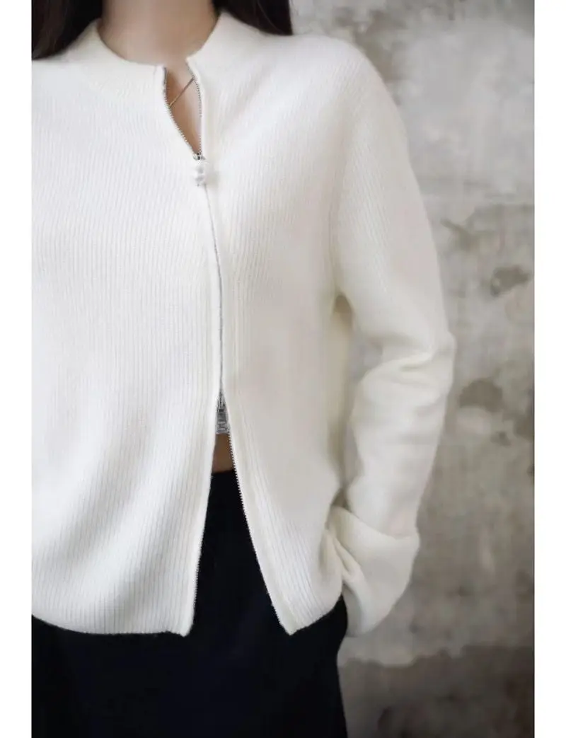 New 100% pure cashmere cardigan women\'s round neck shell buckle double diagonal zipper solid color sweater knitted coat