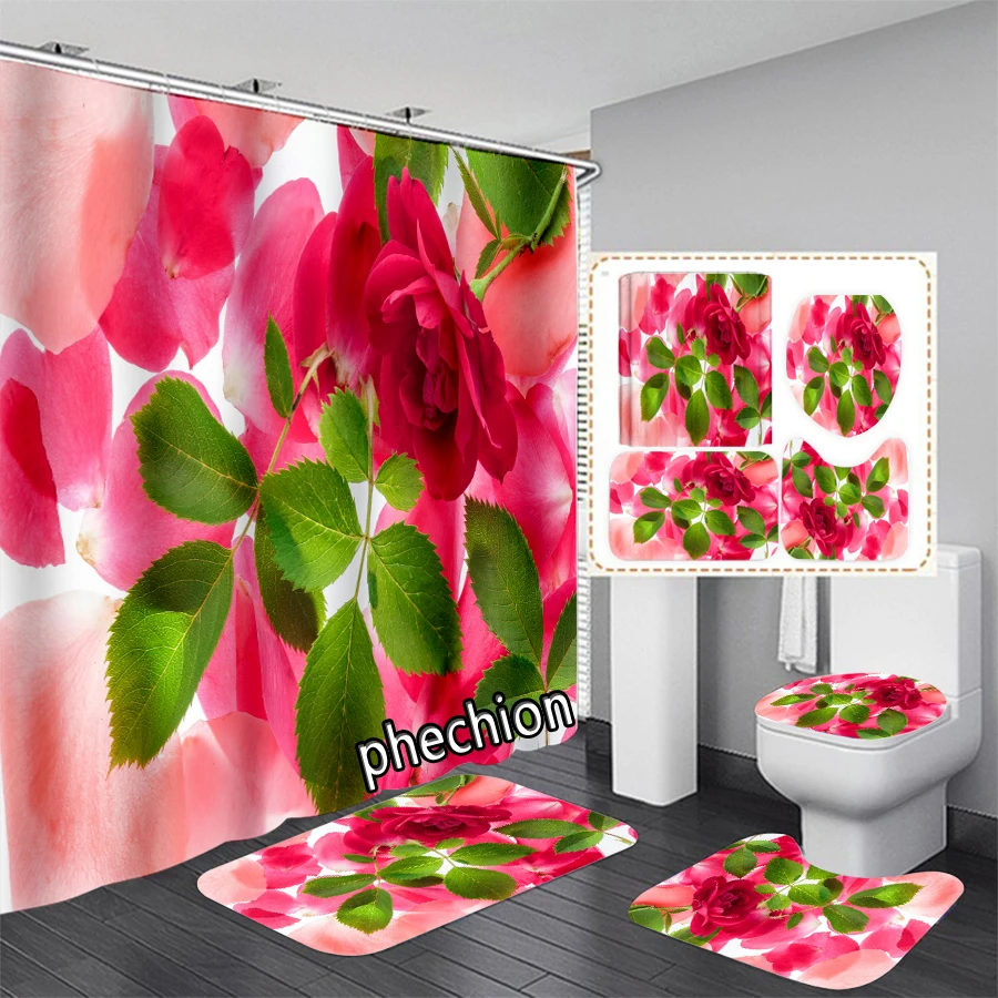 New Rose Flowers 3D Print Shower Curtain Waterproof Bathroom Curtain Anti-slip Bath Mat Set Toilet Rugs X10