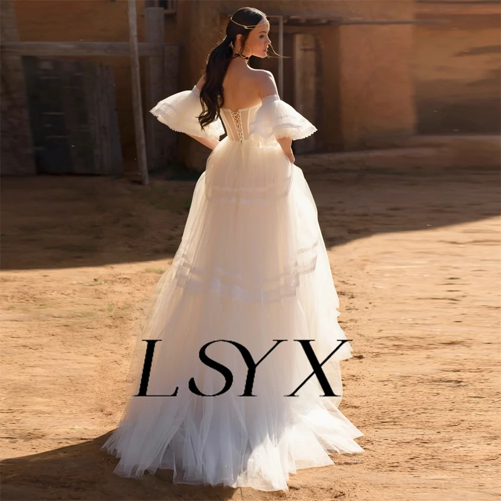 LSYX Customized Boho Off-Shoulder Tulle Detachable Sleeves A-Line Deep V-Neck Wedding Dress Illusion Lace Up Back Bridal Gown