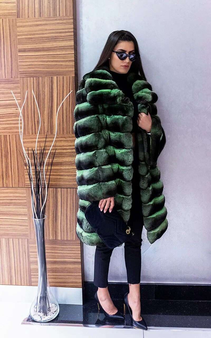 Green Chinchilla Fur Coat Women Winter Fahison Luxury Thicken Outertwear Long Sleeve Lapel Horizontal Stripe Real Fur Coat Lady