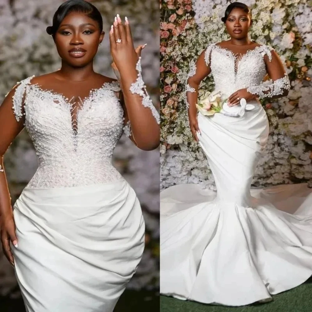 Plus Size Mermaid Wedding Dress Beaded Appliques Illusion O‑Neck Long Sleeves Satin Ruched Skirt Bridal Gown Vestido De Novia