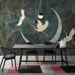 Custom Photo 3D Abstract Line Crane Moon Green Mural Bedroom Living Room Sofa Background Wall Decor Non-woven Embossed Wallpaper