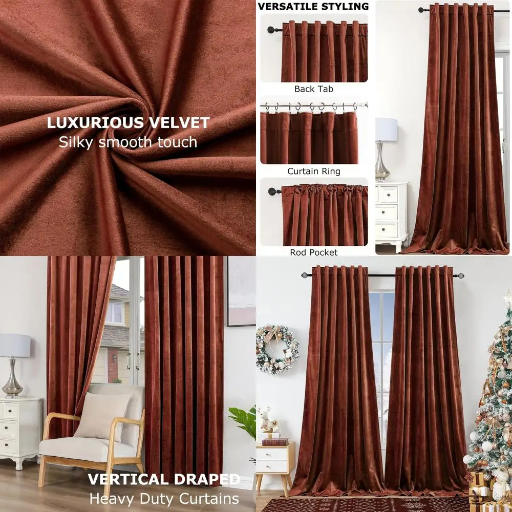 

Luxury Burnt Orange Velvet Curtains, Soft Vintage Style, Thermal Insulated, Room Darkening, 52x108 inches, 2 Panels