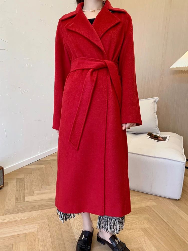 

2023 Solid Color New Water Ripple Wool Coat Women Long High Waist Loose Fashion Wool Coat Lace-up Long Sleeve Female Clothing Wi