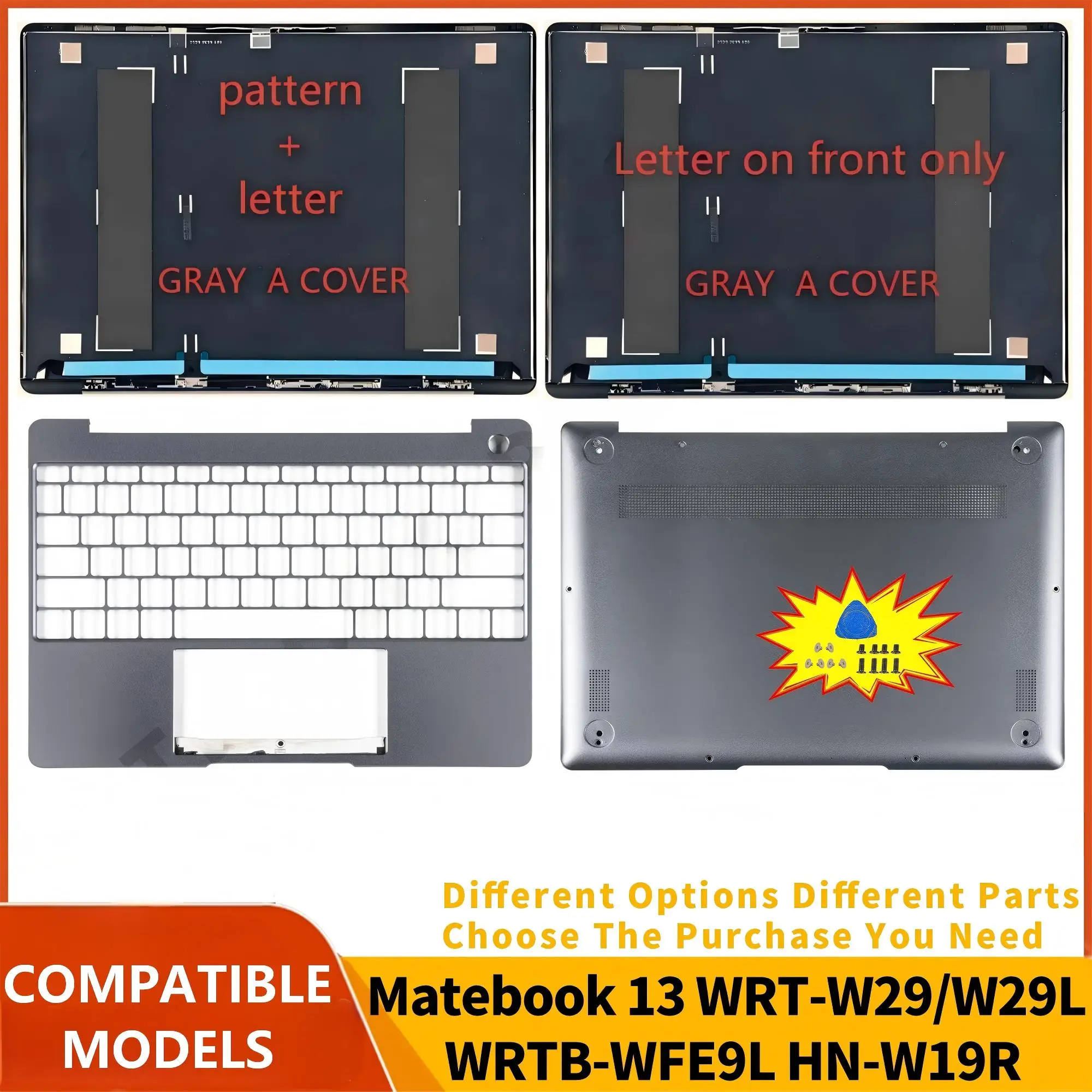 PC Parts For Matebook 13 WRT-W29 W29L WRTB-WFE9L HN-W19R W19L HN-W29 W29L Laptop Lid Top Case PalmRest Bottom Gray/silver 13inch