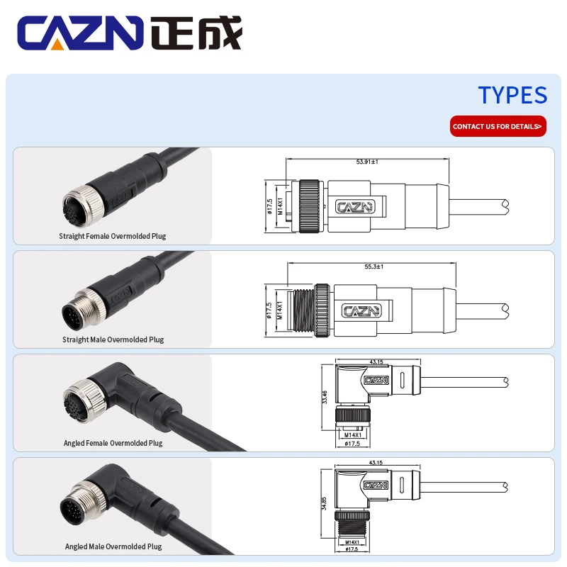 M14 Shielded Plug Connector Overmolded Straight Angle Male Female with 1M PVC for Data Communication