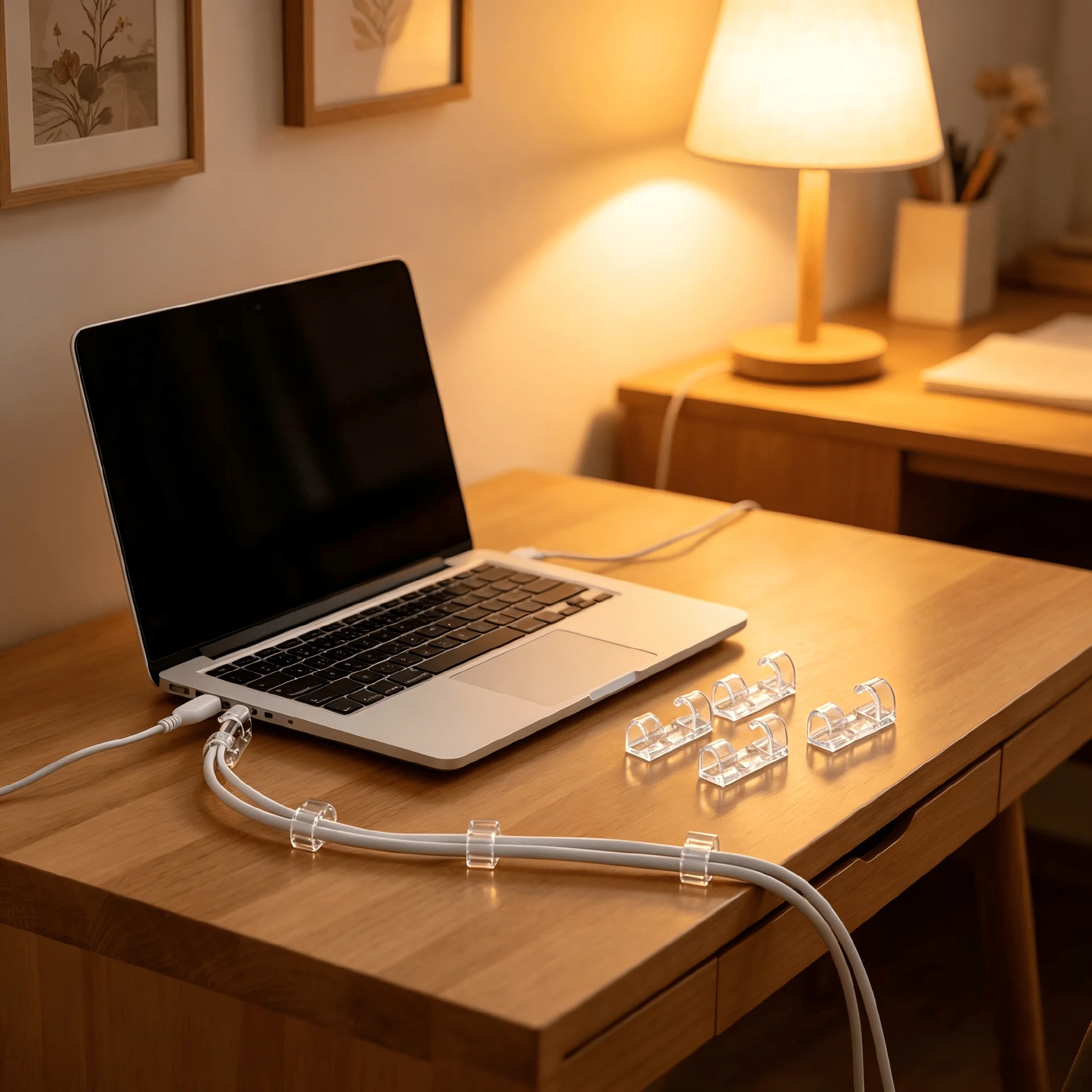 20Pcs L Size Clear Adhesive Cable Clips Punch Free Self Adhesive Desk Wire Organizer No Drill Cable Management Holders for Home Office Car