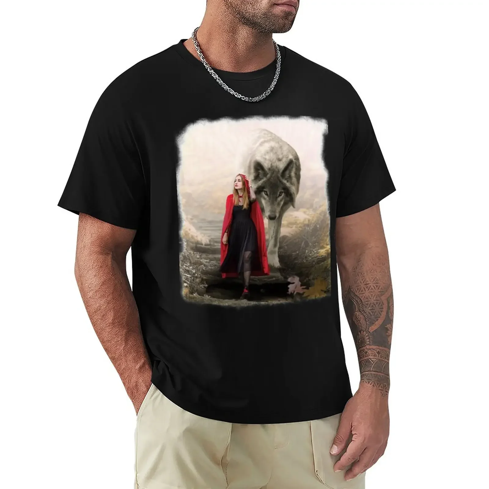 

Little Red Riding Hood Alone With A Wolf Music Vintage T-Shirt plain summer clothes t shirts for men pack