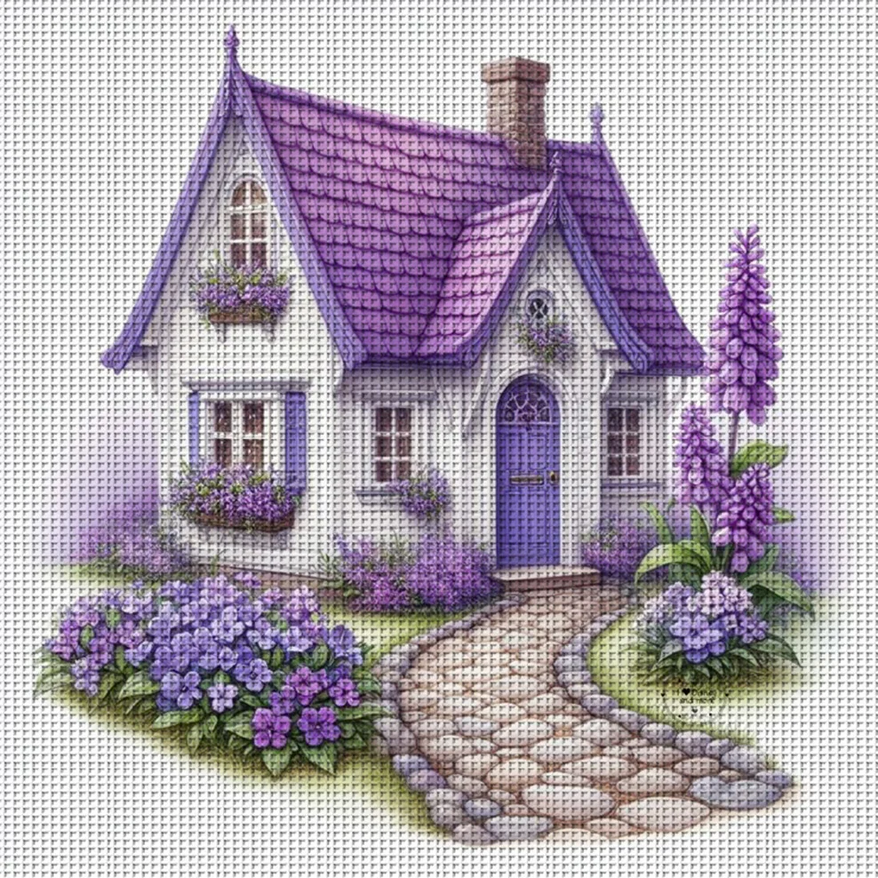 Lila Dachweg-Kreuzstich-Set zum Selbermachen, 11CT-Stickerei, Heimwanddekoration, Geschenk, handgefertigtes Material, rahmenlos, halbfertig, 36 x 36 cm