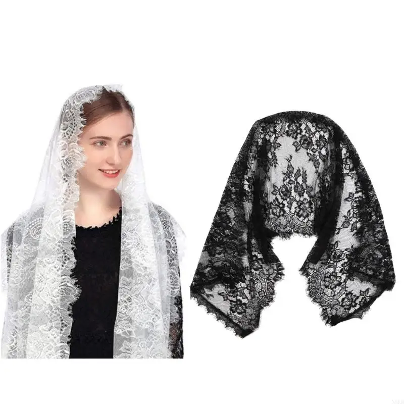 

N5KB Wrap Stoles Scarf Lace Long Beach Scarves Soft Wrap Floral Shawl Breathable Muslim Women Polyester Hijab Black and White