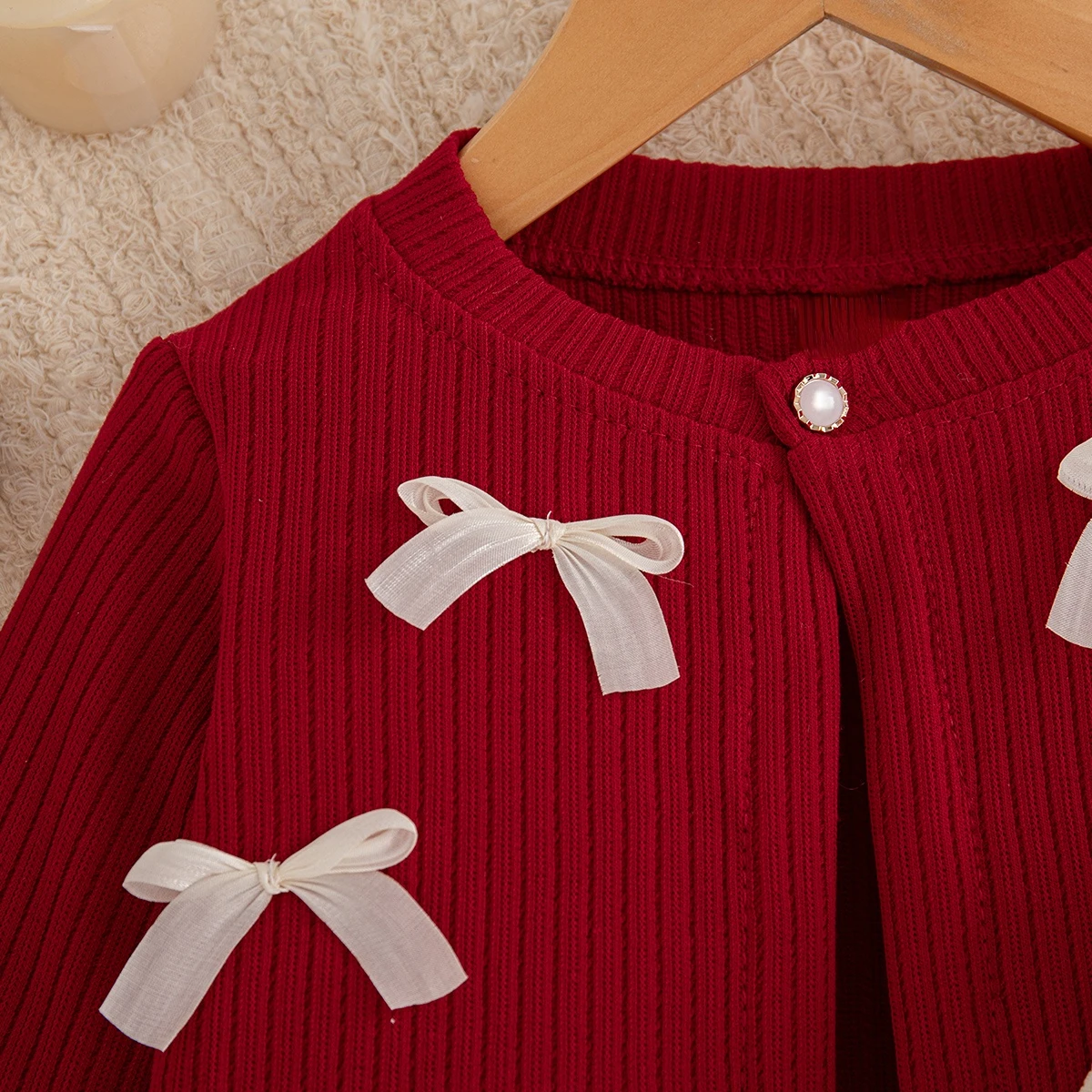 Baby-Mädchen-Kleidungsset: Rote Strickjacke mit Schleife und ärmellosem mehrlagigem Kleid, 2-teiliges Prinzessinnen-Outfit für Mädchen für die Weihnachtsfeier – Detail 17