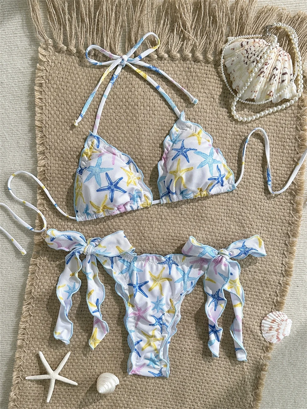 Kawaii Print Starfish Bikini Frill Border Swimsuit Women Micro String Backless Swimwear Bandage Thong Y2k Vacation Beach Outfits