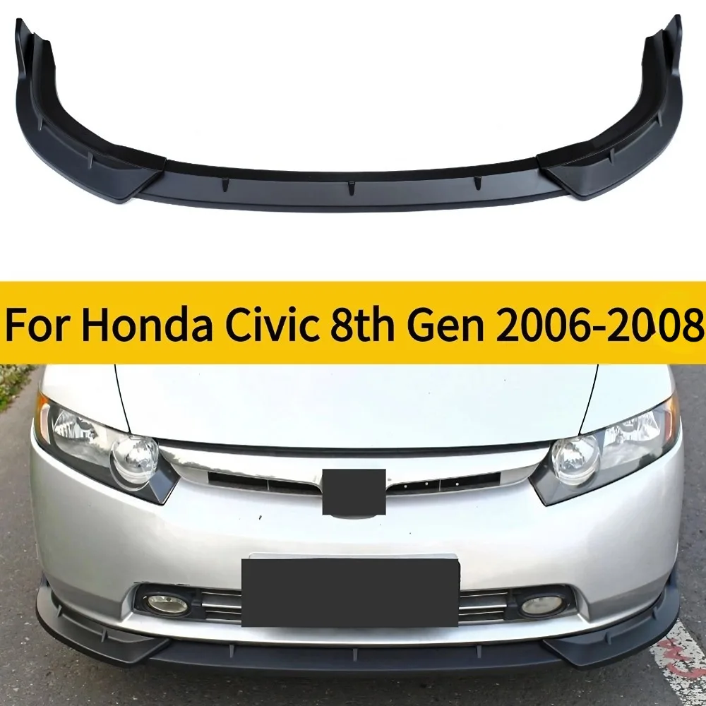 For 2006-2008 3PCS Honda Civic 8th Gen  Front Bumper Lip Spoiler Splitter Glossy Black ABS Car Accessory for Enhanced Aerodynami