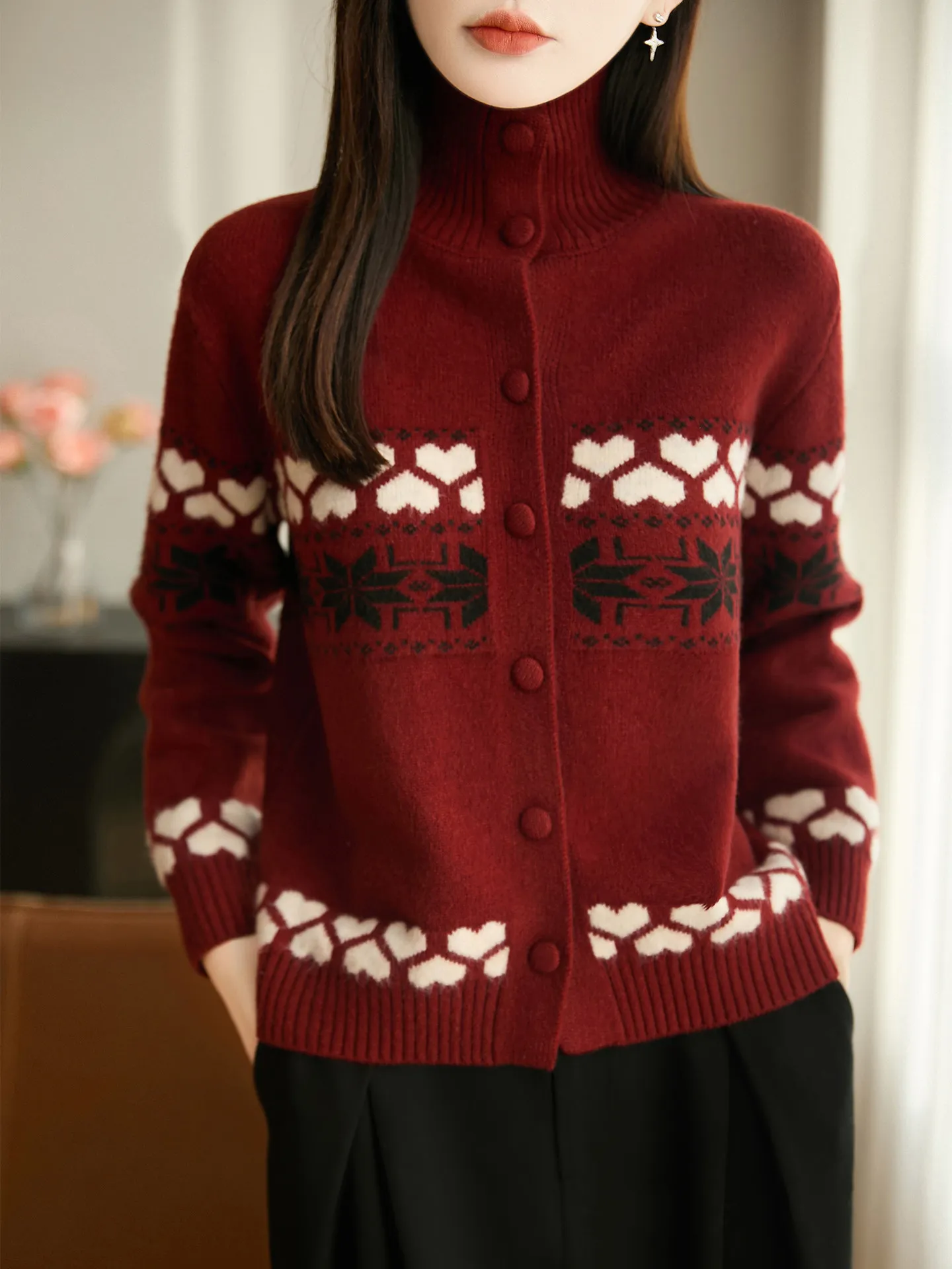 

Feilao Island f High Collar Knitted Open Cardigan Women's Color Blo Long Sve Autumn Winter Lazy Sweater Jaet Top