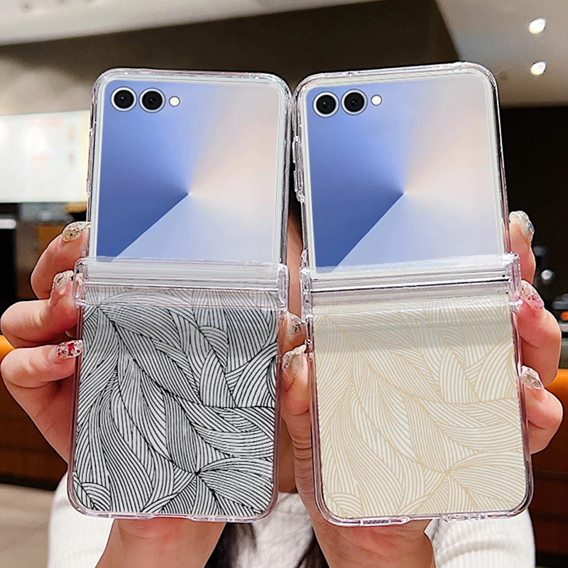 Custodia per telefono pieghevole con motivo a trama a foglia per Samsung Galaxy Z Flip 7 6 5 4 3 Cover rigida trasparente antiurto per Samsung Z Flip5