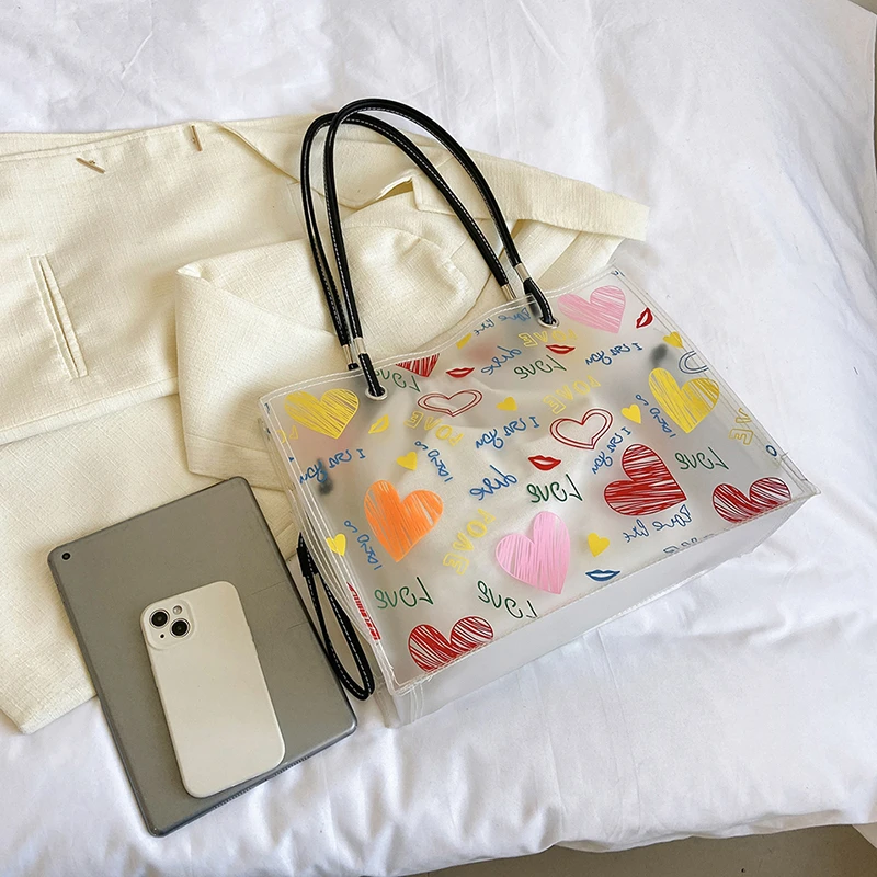 Summer Transparent Bag Design Loving Heart Pattern Women\'s PVC 2pieces Composite Tote Bag Clear Waterproof Beach Jelly Bag 2023