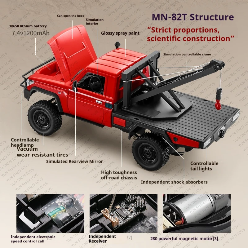 Mn 82t 1/12 جديد رباعي العجلات على الطرق الوعرة تسلق نموذج مركبة الإنقاذ مع خطاف مقطورة خلفي