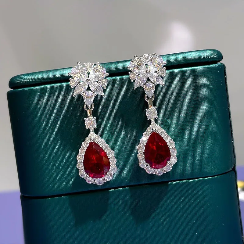 Luxury 18K Solid Platinum PT950 certifid real red zircon 7*10 earrings platinum content 950 long earrings