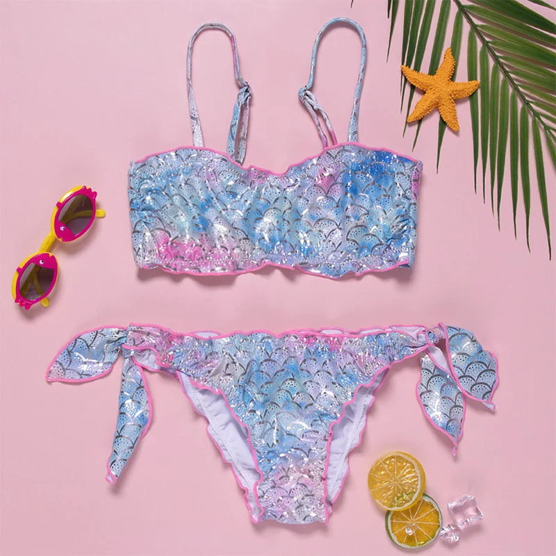 Mermaid Swimsuits Bikini Sexy Swimwear Set Girls Suspenders Sequins Beachwear 2Pcs Baby Clothes 5-12 Years