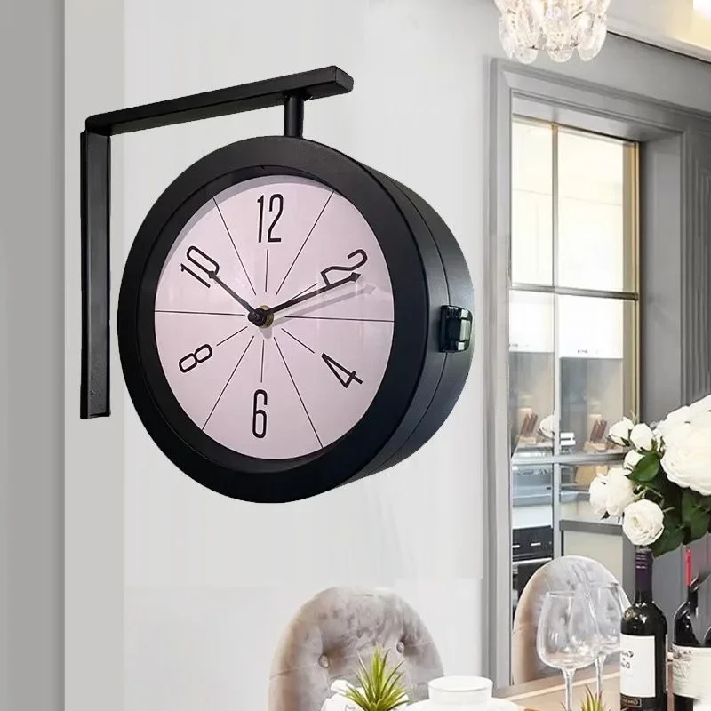 American internet celebrity double-sided black wrought iron wall clock, living room Nordic suspended silent clock