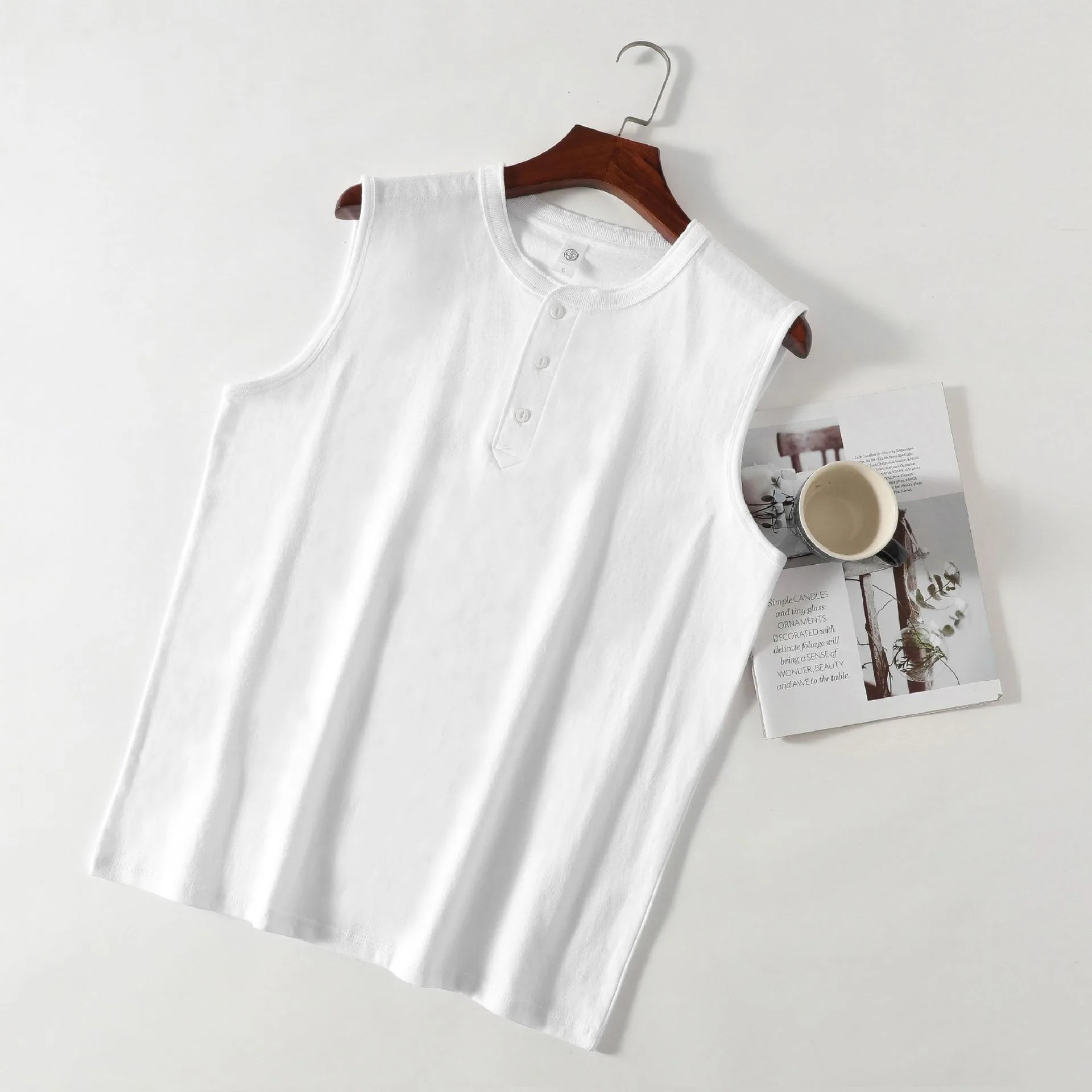 Henley Shirt Cotton Vest American Vintage Hen Sleeveless T-Shirt