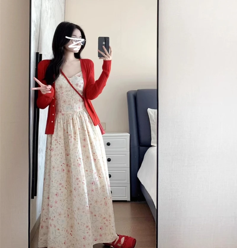 

Tea break French exquisite floral camisole dress for children's 2025 spring and summer new unique and beautiful long skirt set