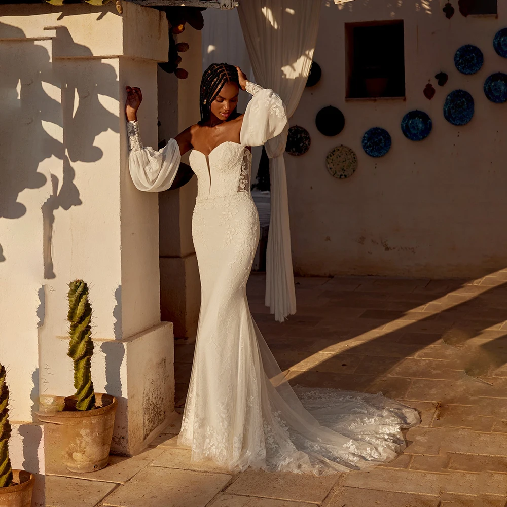 ZIBUYU فستان زفاف أنيق مخصص قبالة الكتف العميق الخامس الرقبة نفخة كم طويل الدانتيل زين عارية الذراعين الدانتيل متابعة فستان الزفاف