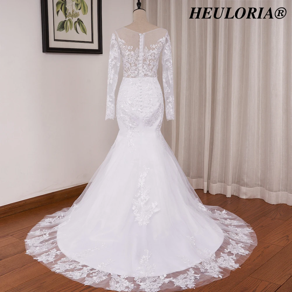 HEUIA LORIA-Personalizado Manga Longa Vestidos De Casamento De Renda, Vestido De Noiva Applique Beading, Robe De Casamento