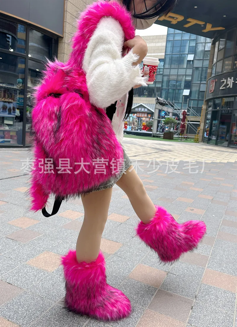 2023 Y2k Fluffy Backpacks Color Contrast Winter Travel Bags Outdoor College Student Fashion School Bag Faux Fur Backpack New