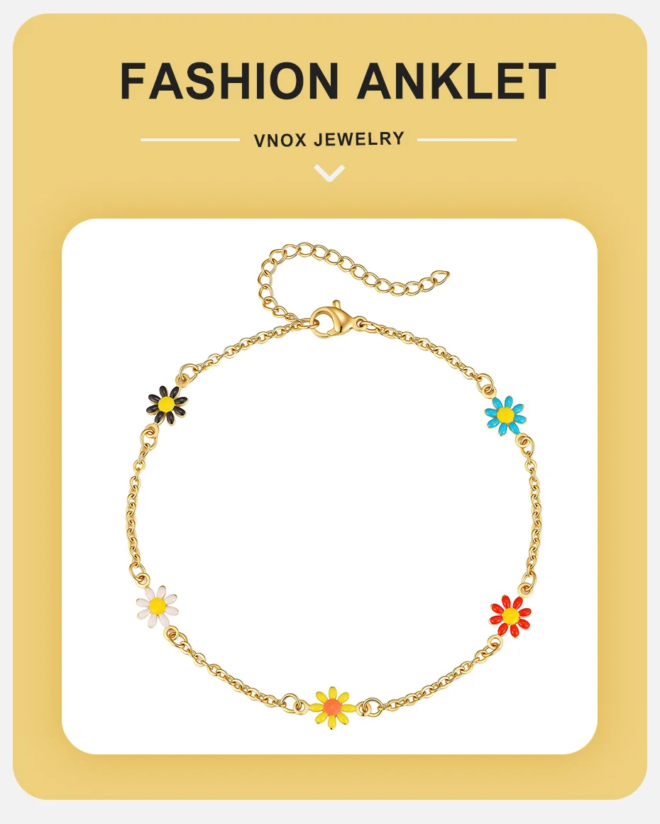 Vnox Edelstahl Buntes Gänseblümchen-Fußkettchen für Damen, Goldfarben Emaillierte Blumen-Fußkette Wasserfester Strandschmuck – Detail 1