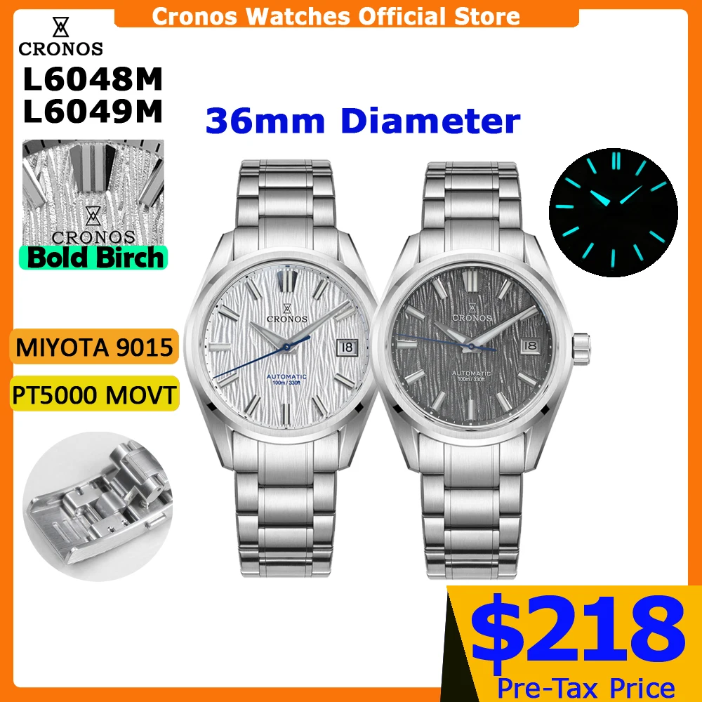 Cronos Men Watch 36mm Automatic PT5000 Miyota 9015 Movement Wristwatches White Dial Birch Pattern Sapphire 10 ATM L6048M