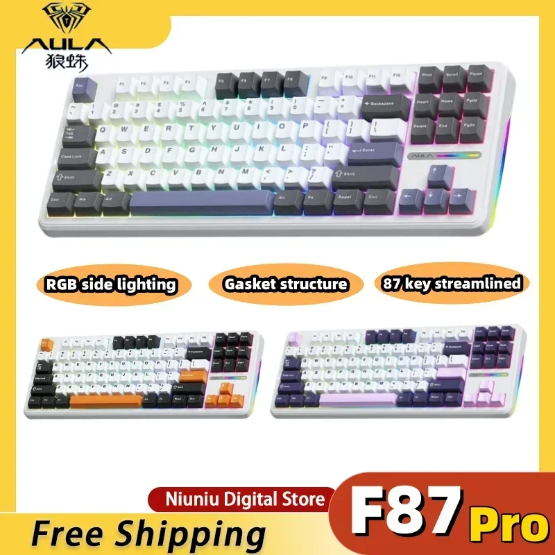 

AULA F87Pro Bluetooth mechanical keyboard finely tuned satellite axis RGB side-illuminated PBT keycap three-mode gaming keyboard