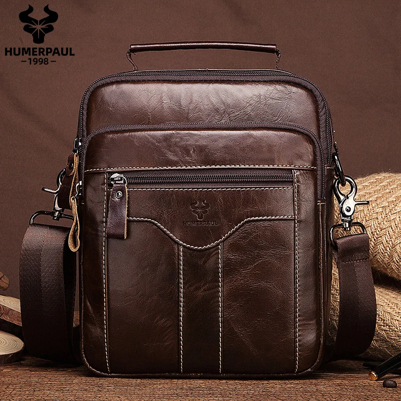 HUMERPAUL Men Shoulder Bag for Ipad Genuine Cowhide Leather Messenger Bag Casual Male Trave Large Capacity Crossbody Bags