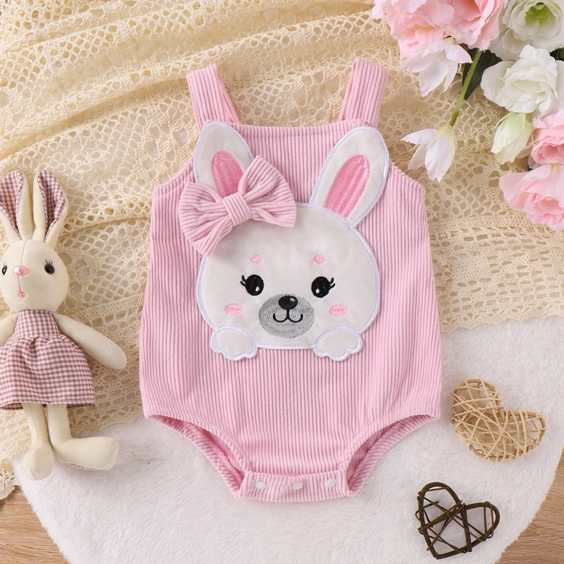 

Adorable Baby Easter Romper with Sleeveless Design Square Neckline and 3D Bow Detail - Sweet Infant Jumpsuit with Rabbit