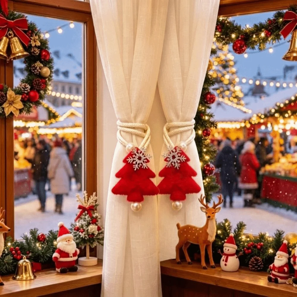2PCS/SET Adjustable Christmas Tree Curtain Tieback Exquisite Plush Snowflakes Curtain Rope Decorative with Ball Pendant