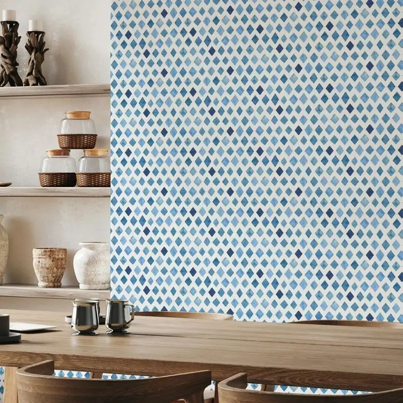 Blue Mosaic Wallpaper with celestial motifs in warm back,Clustered Geometry Wall Stickers, Dreamy ,Peel and stick Wall paper