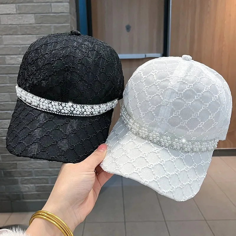 Women\'s Summer Fashion Sweet Mesh Breathable Sunscreen Shading Baseball Cap Rhinestone Pearl Elegant Sun Hat Street Rebound Cap