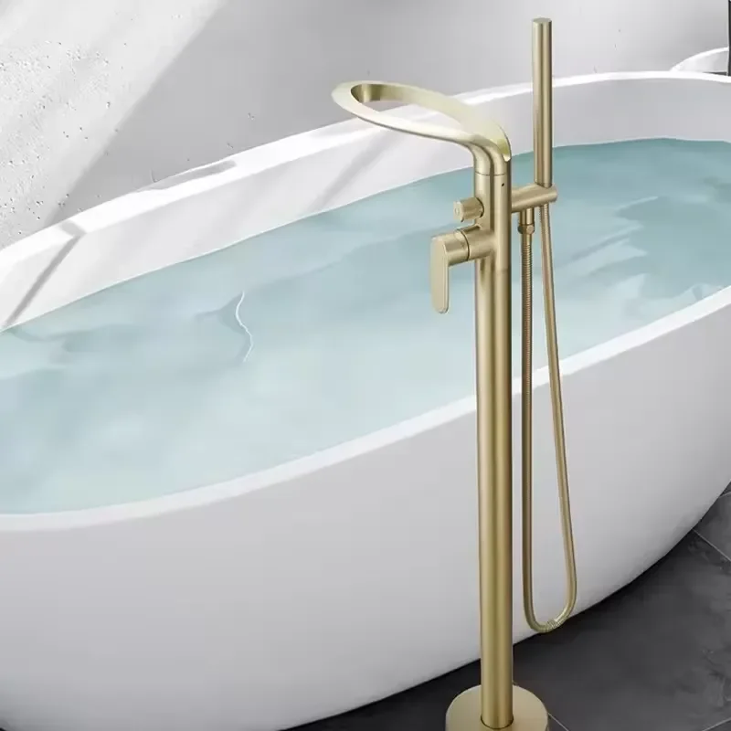 Modern Brass Freestanding Tub Filler Waterfall Bathtub Faucet Floor Mounted Bath Tub Faucets with Handheld Spray