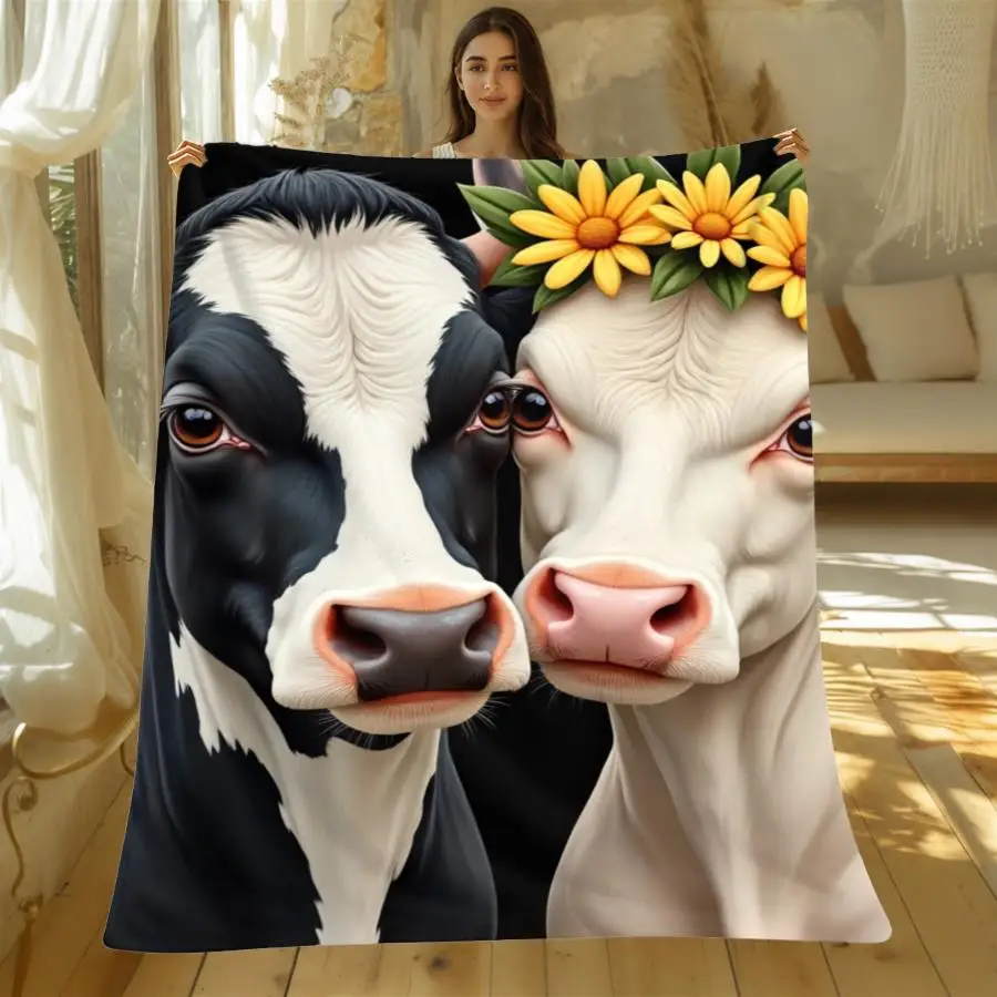 Newest Cute Cartoon Cow Sunflower Checkerboard Flannel Throw Blanket, Soft Animal Blanket for Bedroom Sofa Decor