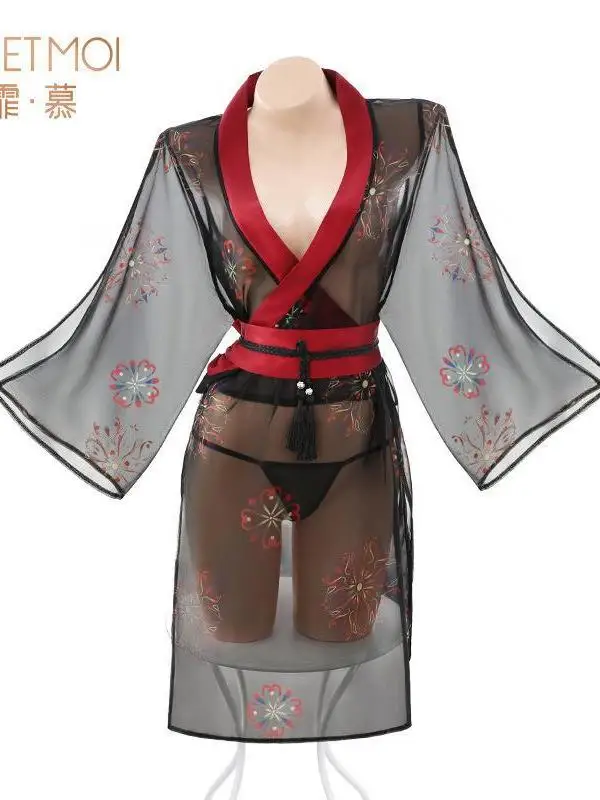 Lace Black Sheer Mesh Mini Dress Fairy Japanese Print Kimono Sexy Uniform Dress Elegant Hot Sexy Transparent 2023 Tops S8S2