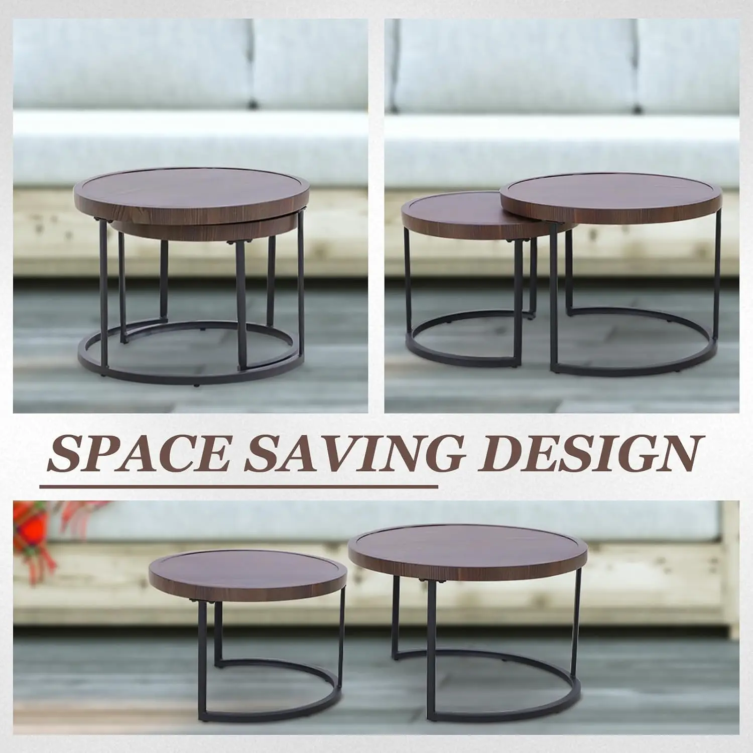 Sand Dune Modern Nesting Coffee Table Set Of 2, Round Patio Wood Side Table, Outdoor Small End Table, Brown