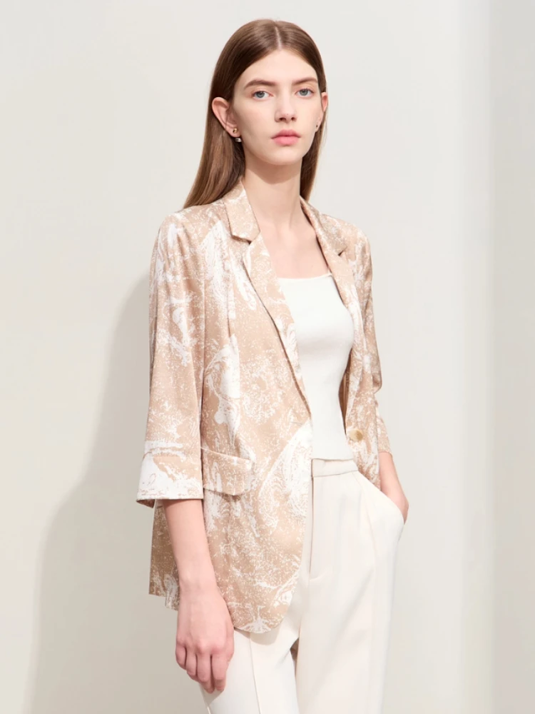 AmII Minimalism Silk Blazers 2026 Summer Notched Printed Basic Fashion Jacket Three Quarter Women Office Lady Blouse 12452146