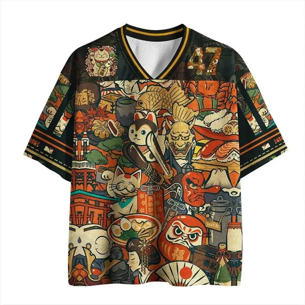 Y2K Summer Japanese Ukiyo-e Lucky Cat Da Mao 3D Print Breatha Quick-dry Men's V-neck T-shirt Retro Fashion Parent-child Clothing