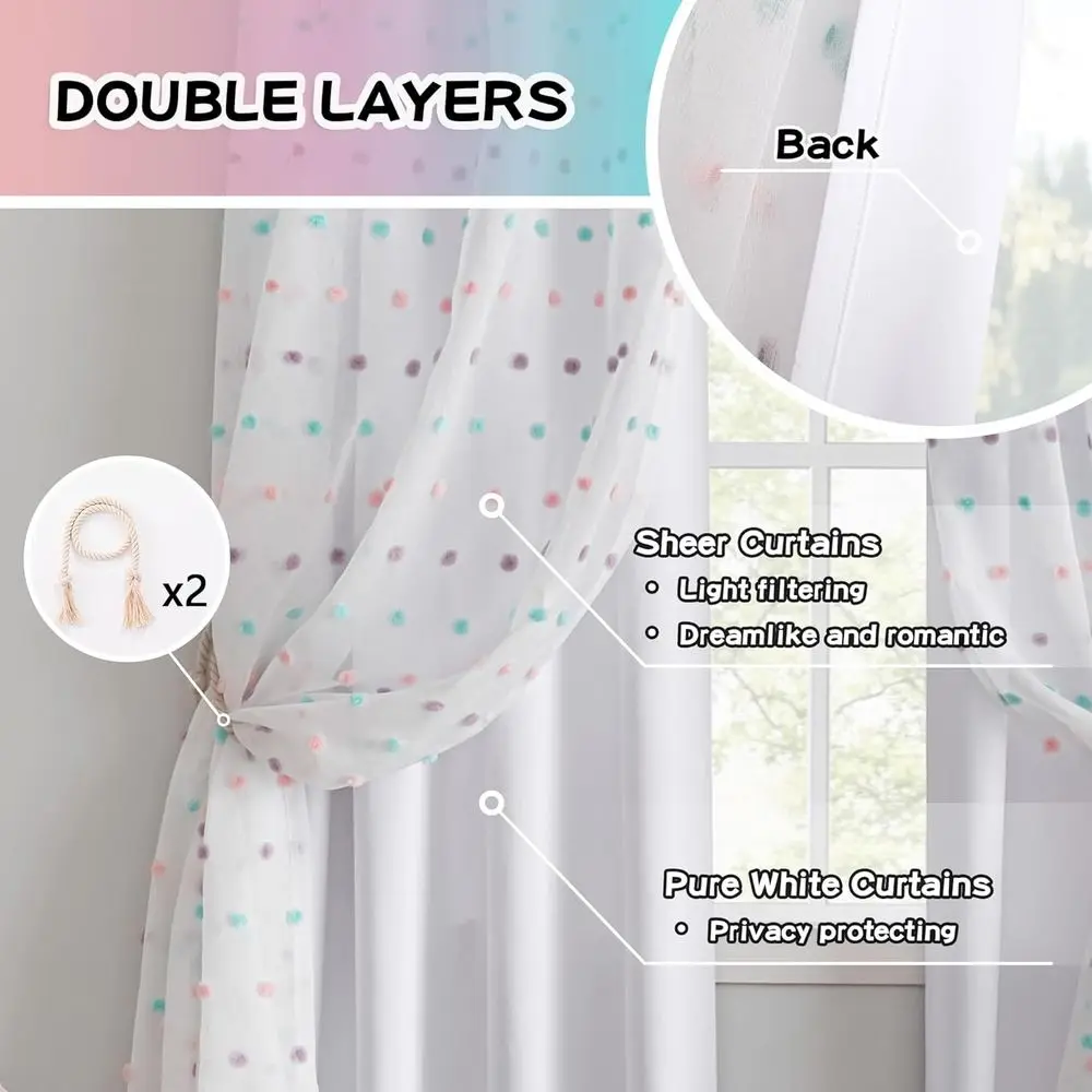 어린이 방용 투명 무지개 폼폼 커튼, 84인치 길이, 빛 차단, 이중 레이어, 흰색, 52x84, 2개 세트